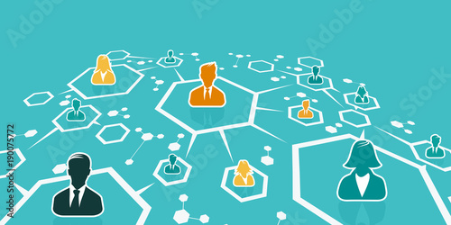 Business network concept illustration with abstract net and avatar silhouettes. Flat design and punchy pastel colors