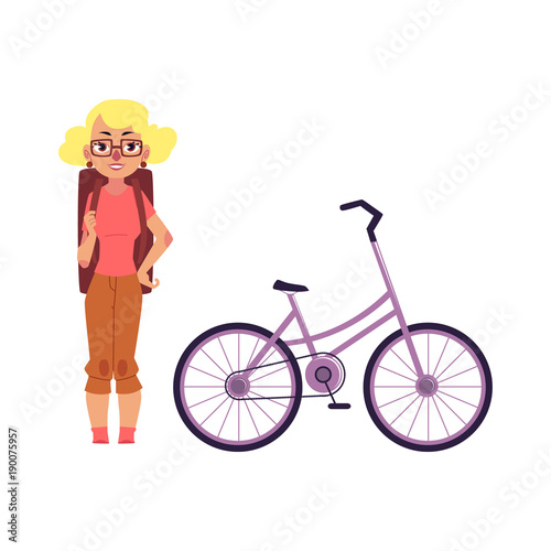 Fototapeta Naklejka Na Ścianę i Meble -  vector flat young girl, woman hiking tourist smiling wearing backpack near bicycle. Active lifestyle, travelling and adventure concept. Isolated illustration on a white background.