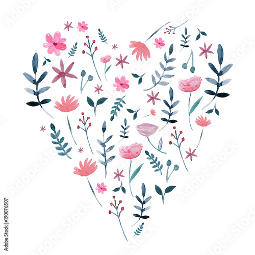 Vector illustration of heart made of watercolor painted plants and flowers on white background.