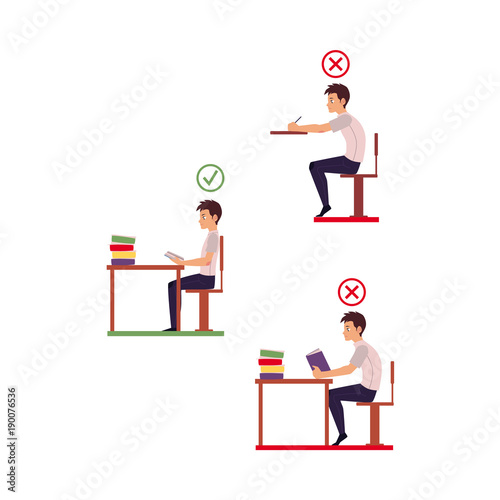 Correct, incorrect neck, spine alignment of young cartoon man character sitting at desk writing, reading. Head bending positions, inclination of neck. Spine care concept. Vector isolated illustration