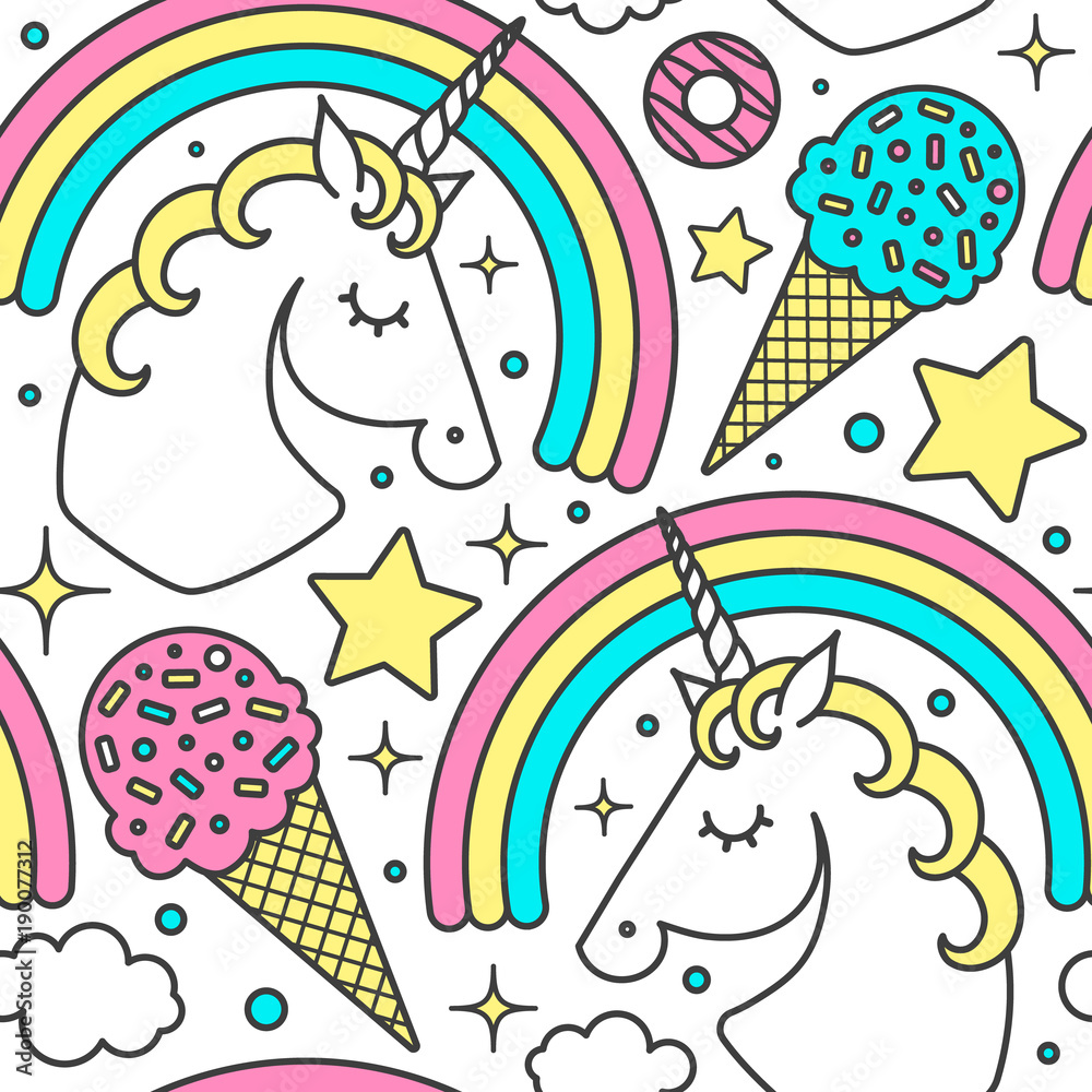 Seamless pattern with unicorn, rainbow, clouds, stars, ice cream, donuts. Vector cartoon style cute character. Isolated on white