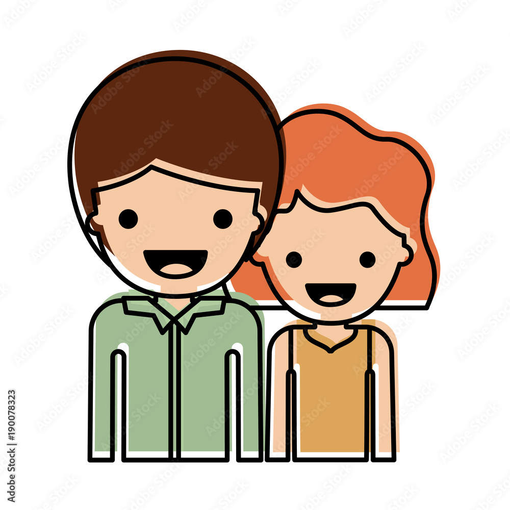 half body people with boy in shirt long sleeve and short hair and girl in t-shirt sleeveless and short wavy hair in watercolor silhouette with thick contour vector illustration half body people with boy in shirt long sleeve and short hair and girl in t-shirt sleeveless and short wavy hair in watercolor silhouette with thick contour vector illustration