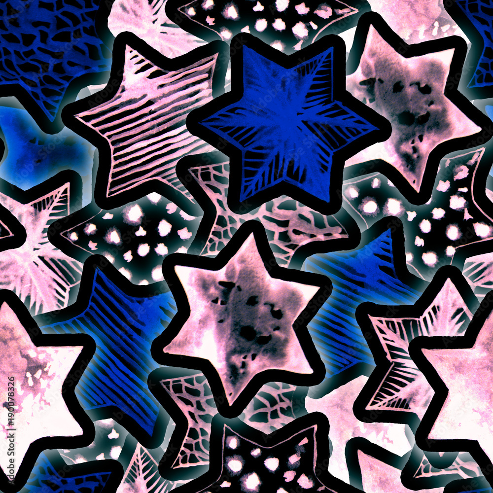 Festive Magic Seamless Pattern with Neon Watercolor Stars. Lighting Christmas Tree Garland Background. New Year Flashlights. Hand drawn star print for wrapping, textile, wallpaper, cards, books.