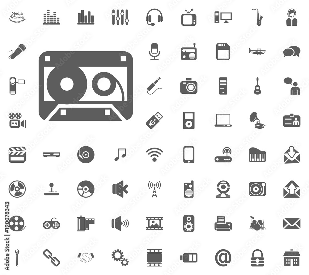 Cassette icon. Media, Music and Communication vector illustration icon set. Set of universal icons. Set of 64 icons Cassette icon. Media, Music and Communication vector illustration icon set. Set of universal icons. Set of 64 icons