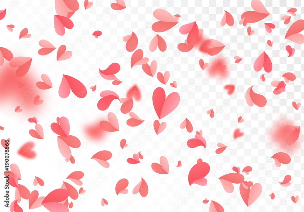 Falling red and pink confetti hearts isolated on transparent background.