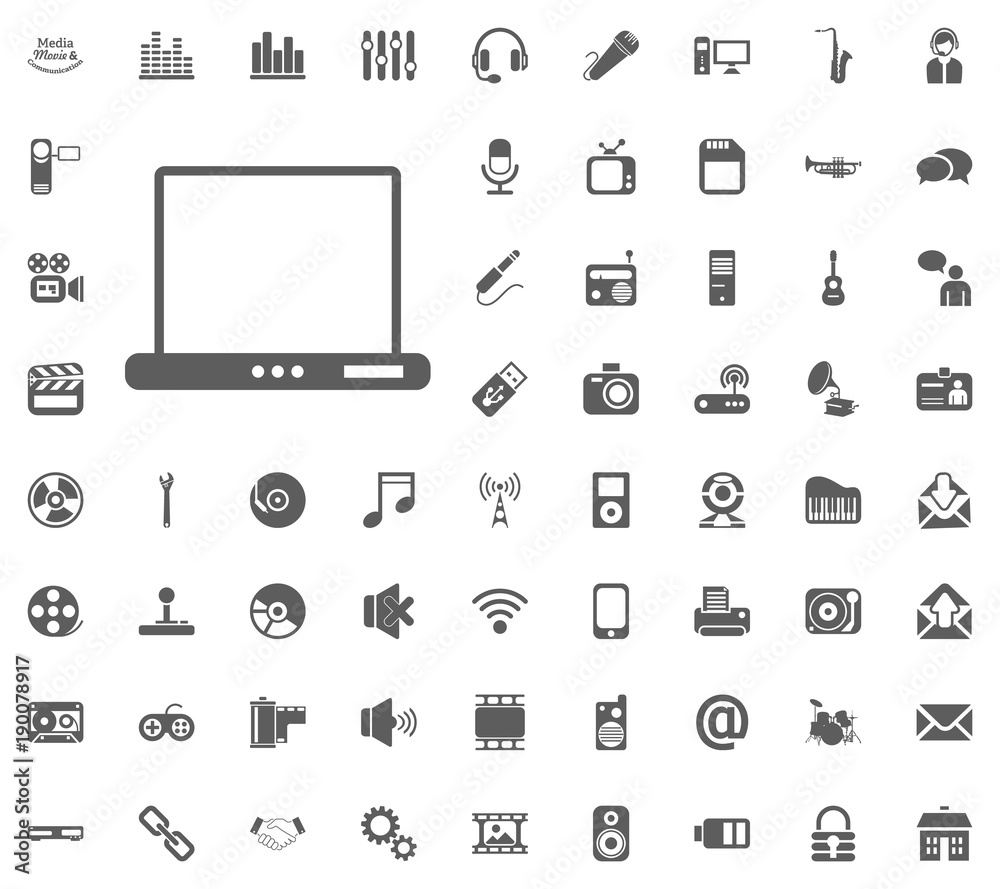Notebook, Laptop icon. Media, Music and Communication vector illustration icon set. Set of universal icons. Set of 64 icons Notebook, Laptop icon. Media, Music and Communication vector illustration icon set. Set of universal icons. Set of 64 icons