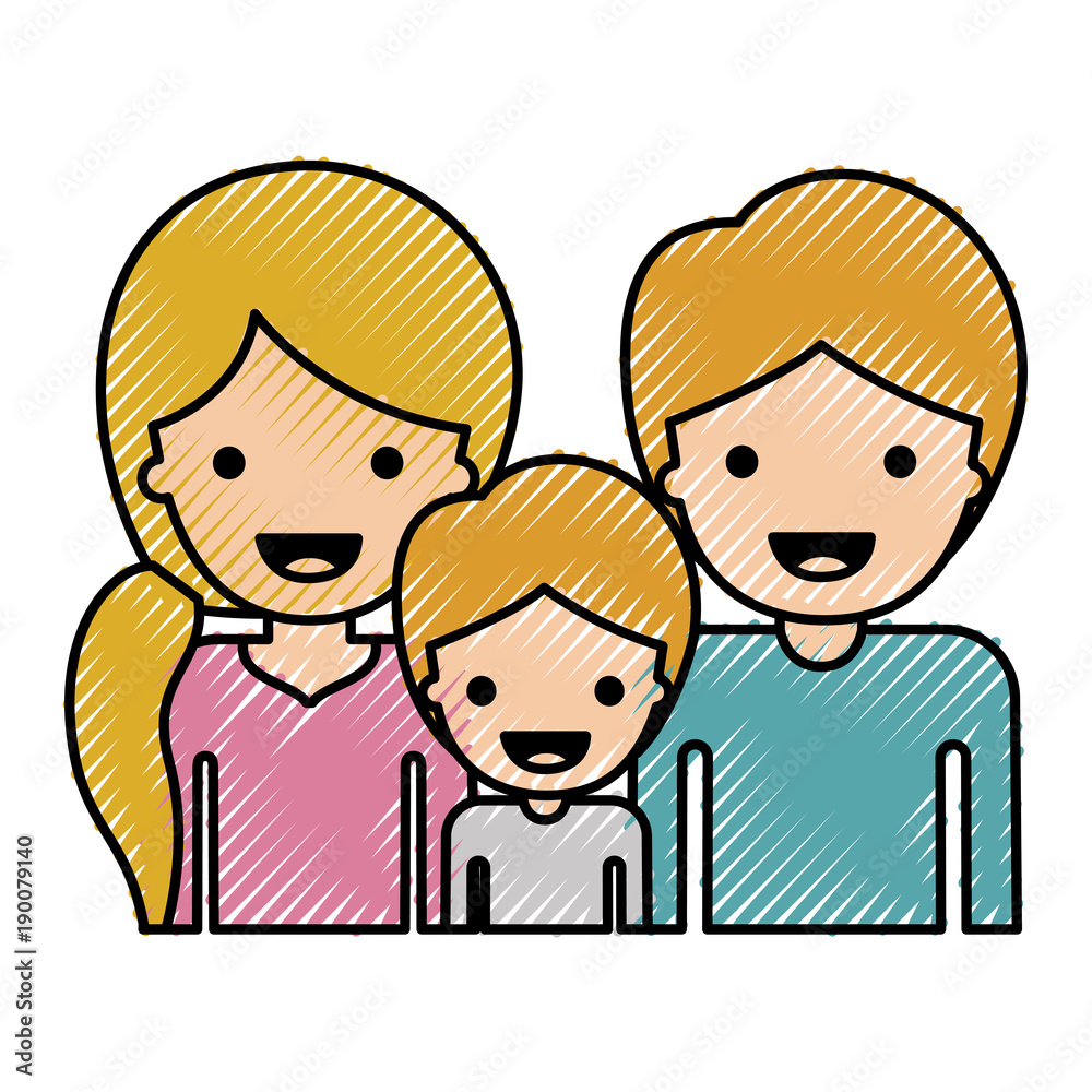 half body people with woman with pigtail hairstyle and man and boy both with short hair in colored crayon silhouette vector illustration half body people with woman with pigtail hairstyle and man and boy both with short hair in colored crayon silhouette vector illustration