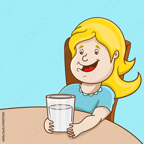 cartoon little girl drinking a milk, vector illustration