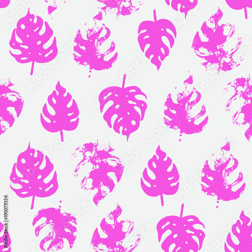 Trendy vector seamless pattern with pastel tropical leaves.