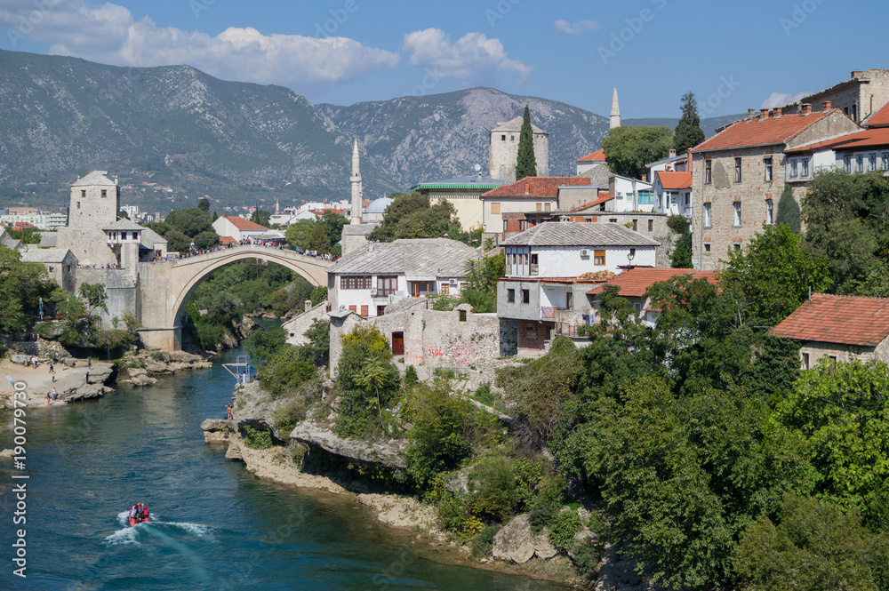 Old Bridge (Stari Most), Neretva River and Old Town in Mostar, Bosnia and Herzegovina