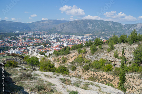 Mostar Old Town and New Town Panorama with Mountain Backdrop, Bosnia and Herzegovina