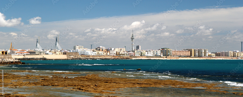 Obraz premium Rocky oceanic coastline and downtown on background