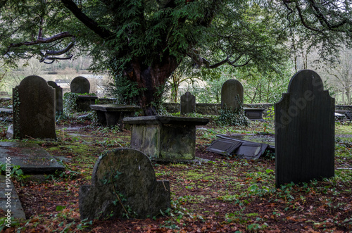 An overgrown historic grave yard in North Wales with some slate head stones photo