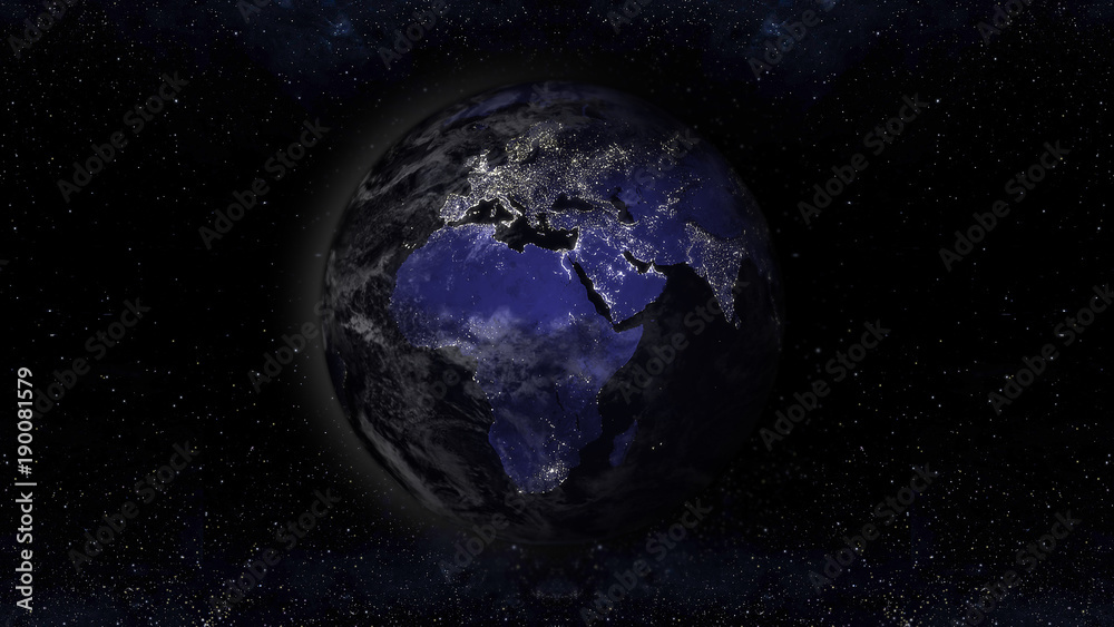 earth planet at night with urban lights areas illustration, europe view, elements of this image furnished by NASA