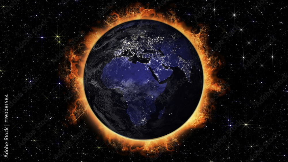 Obraz premium europe and africa view of the earth planet at night with urban lights areas illustration, elements of this image furnished by NASA