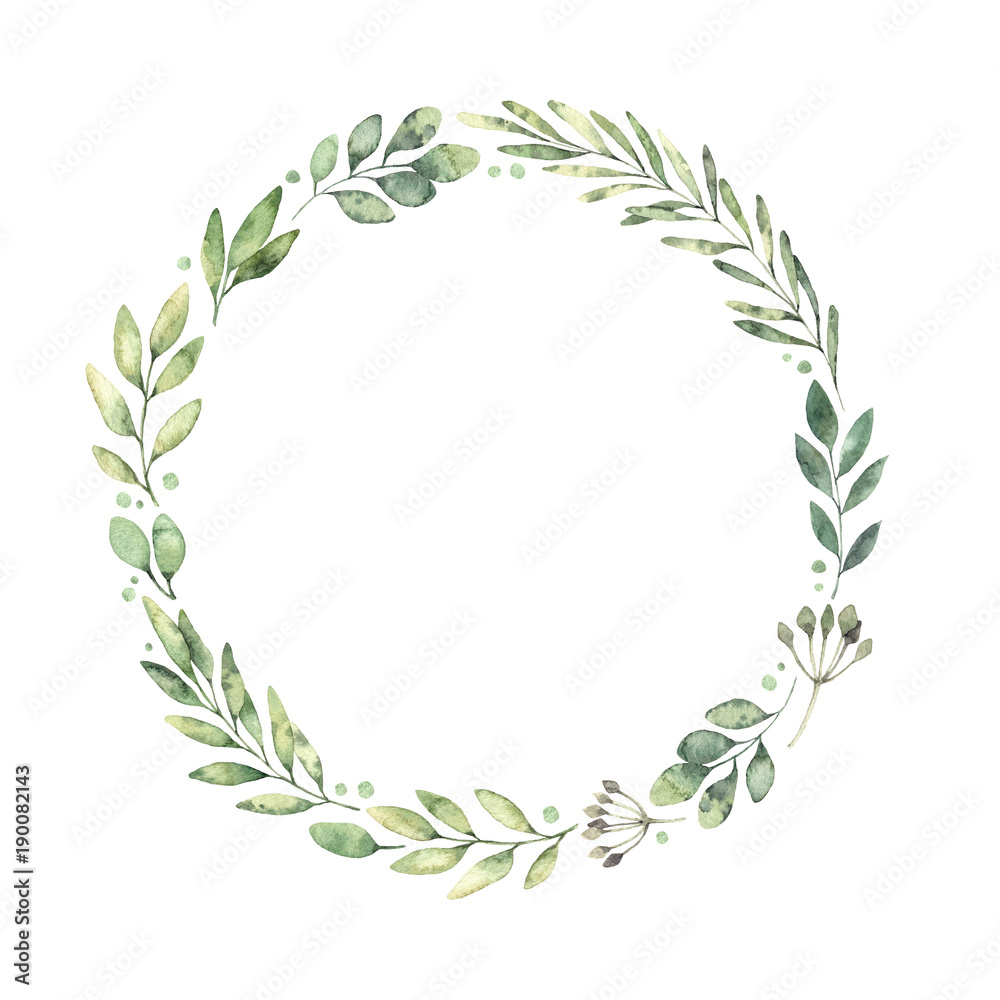 Hand drawn watercolor illustration. Botanical wreath of green branches and leaves. Spring mood. Floral Design elements. Perfect for invitations, greeting cards, prints, posters, packing etc - obrazy, fototapety, plakaty 