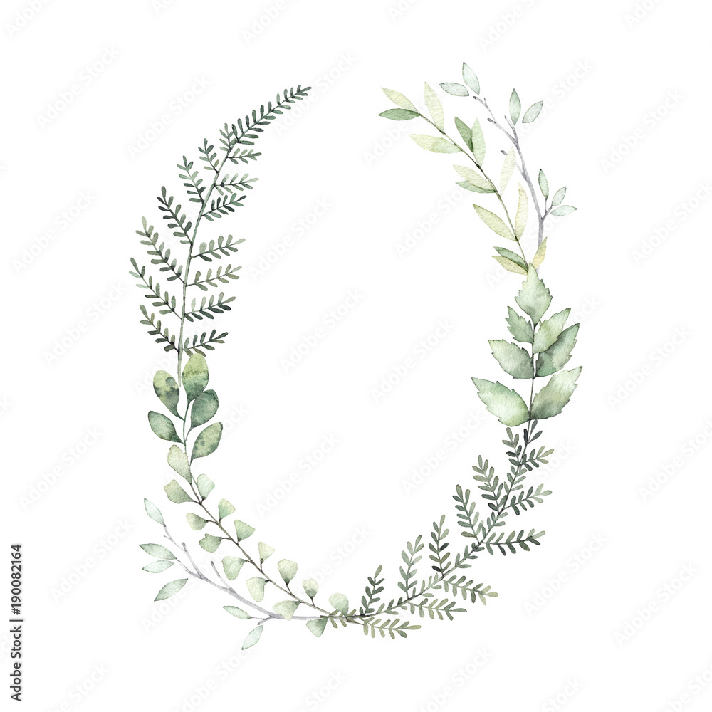 Obraz premium Ręcznie rysowane akwarela ilustracja. Wieniec botaniczny zielonych gałęzi i liści. Paproć. Wiosenny nastrój. Elementy kwiatowy wzór. Idealne na zaproszenia, kartki okolicznościowe, wydruki, plakaty