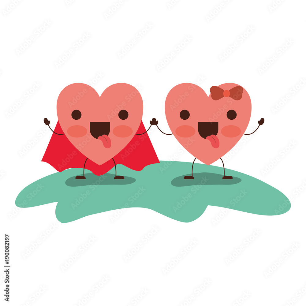 Fototapeta premium couple heart character kawaii holding hands and him with coat and her with topknot in funny expression in colorful silhouette vector illustration