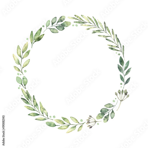 Fototapeta Naklejka Na Ścianę i Meble -  Hand drawn watercolor illustration. Botanical wreath of green branches and leaves. Spring mood. Floral Design elements. Perfect for invitations, greeting cards, prints, posters, packing etc