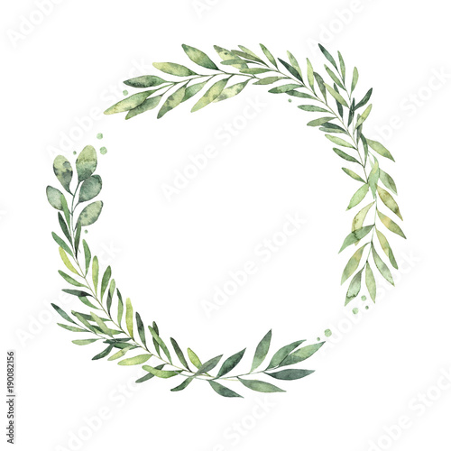 Hand drawn watercolor illustration. Botanical wreath of green branches and leaves. Spring mood. Floral Design elements. Perfect for invitations, greeting cards, prints, posters, packing etc photo