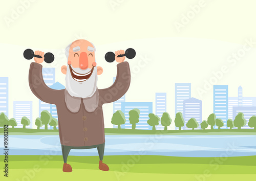 Happy smiling elderly man doing morning sports exercises with dumbbells in city park. Active lifestyle and sport activities in old age. Vector illustration.