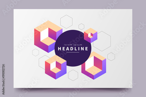 Abstract colorful isometric background. Horizontal minimalistic poster with isometric cubes and place for text. Applicable for party invitation, conference invite, avertising, web page, flyer etc.