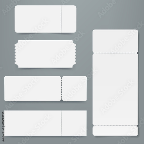 Set of blank ticket mockup template. Realistic White paper coupon isolated on grey background. Cinema, party, circus, festival or concert tickets design. Vector eps 10.