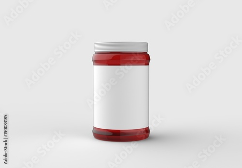 Strawberry jam in jar mock up isolated on soft gray background with white label. 3D illustrating.