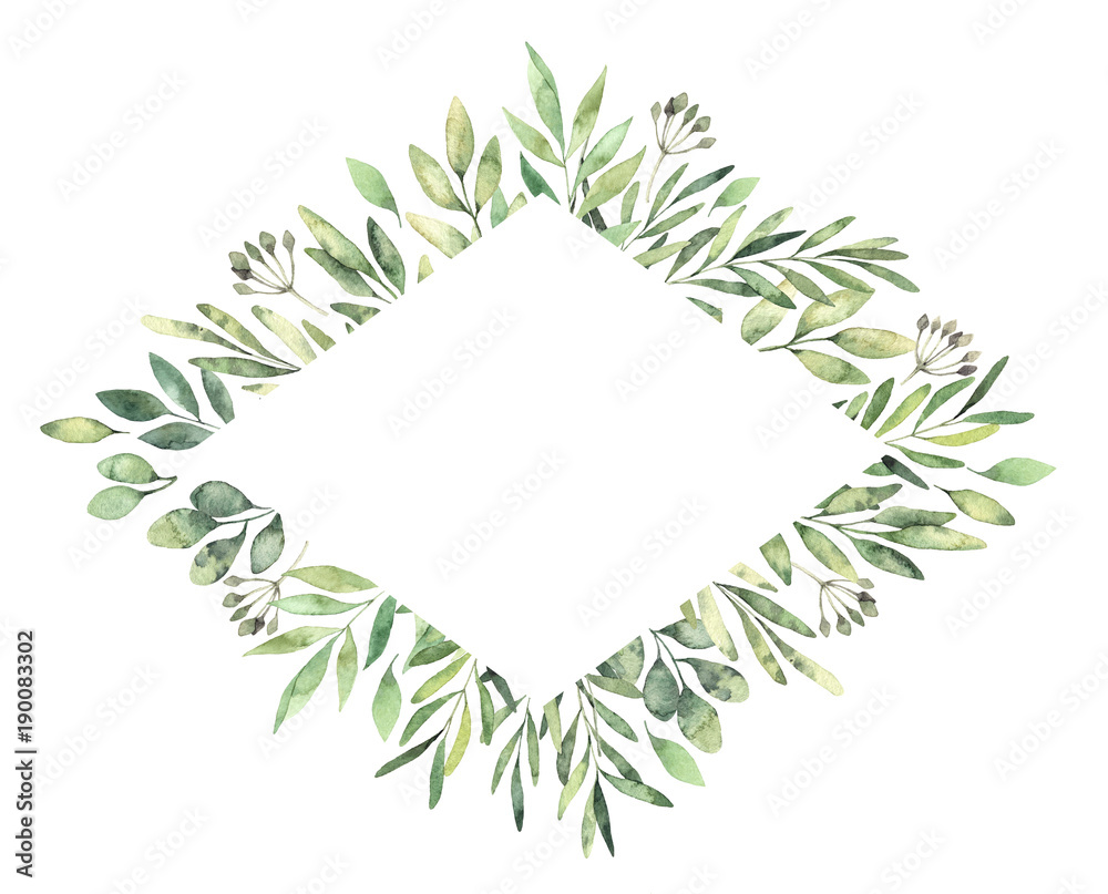 Hand drawn watercolor illustration. Botanical rhombus label with green branches and leaves. Spring mood. Floral Design elements. Perfect for invitations, greeting cards, prints, posters, packing Hand drawn watercolor illustration. Botanical rhombus label with green branches and leaves. Spring mood. Floral Design elements. Perfect for invitations, greeting cards, prints, posters, packing