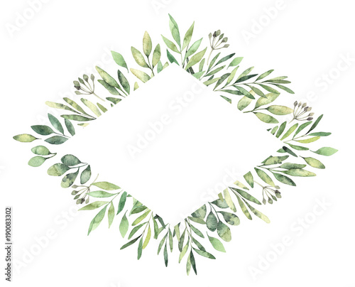 Fototapeta Naklejka Na Ścianę i Meble -  Hand drawn watercolor illustration. Botanical rhombus label with green branches and leaves. Spring mood. Floral Design elements. Perfect for invitations, greeting cards, prints, posters, packing