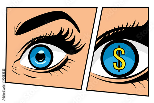Financial monitoring of currency dollar businessman or businesswoman in comic storyboard pop art retro style. Sexy surprised woman with open mouth. Colorful vector background.