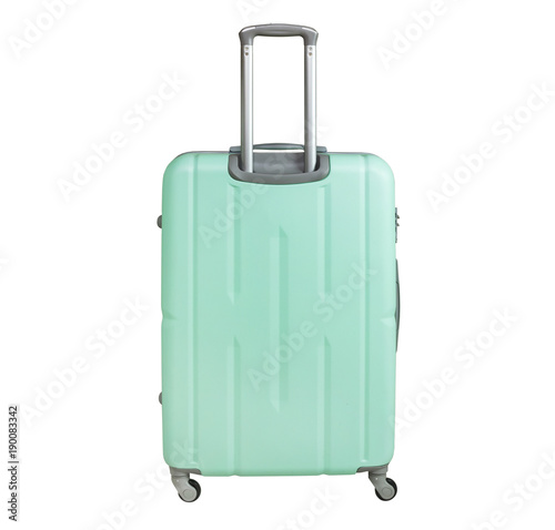 Obraz na płótnie Mint color suitcase isolated on white background. Polycarbonate suitcase isolated on white. Mint color suitcase. w salonie