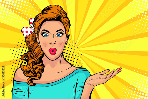 Wow pop art face of surprised fashion girl open mouth. Beautiful young woman model pointing hand, advertising gesture. Vector bright background in pop art retro comic style.