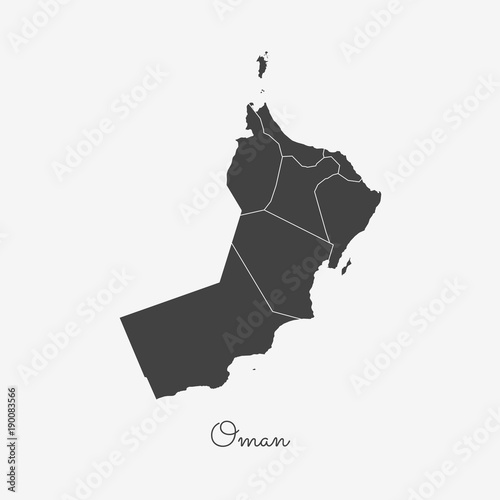 Oman region map: grey outline on white background. Detailed map of Oman regions. Vector illustration.