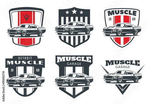 Set of classic muscle car emblems and badges isolated on white background.