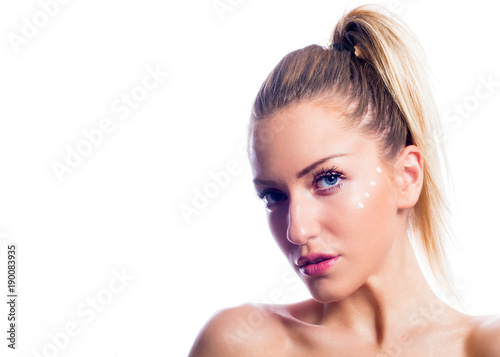 Beautiful Young Blonde Woman Ponytail Posing Studio White 