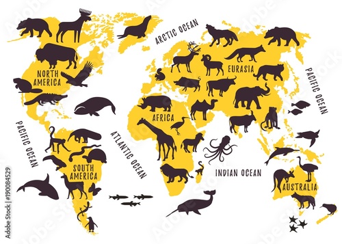 Cartoon World Map with Animals Silhouettes for Kids.