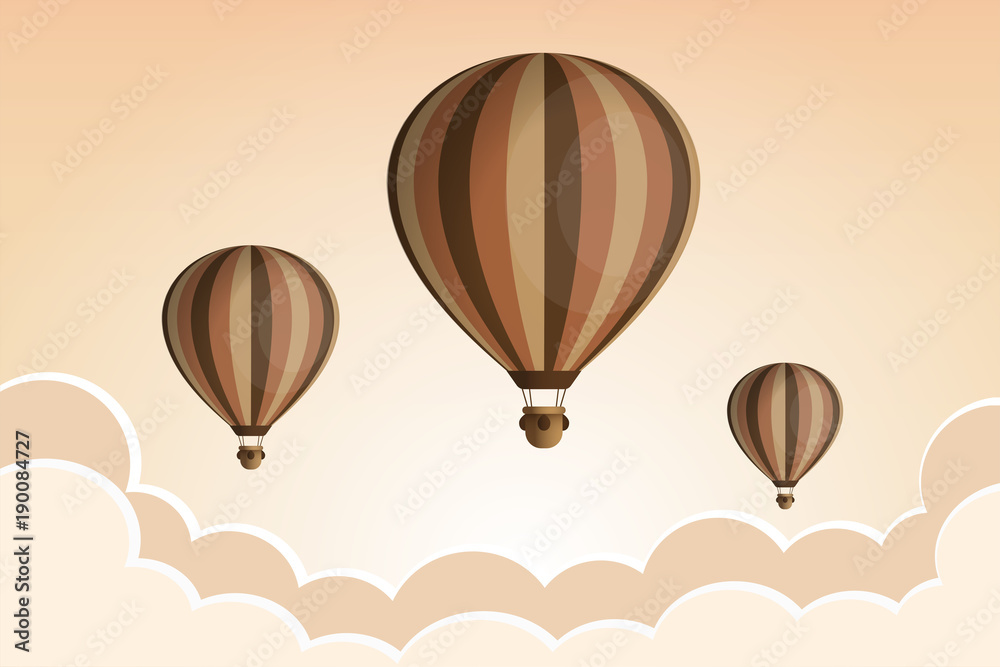 Obraz premium Hot air balloon in the sky with clouds. Flat cartoon design.