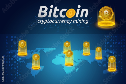 Golden Bitcoin in shining light effect on world map