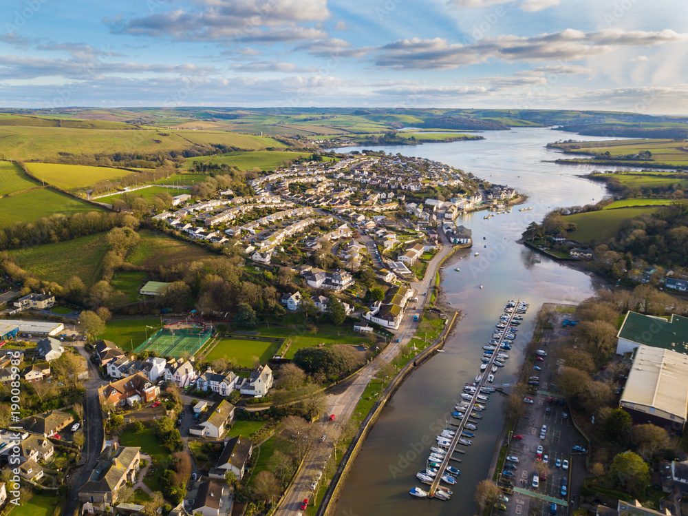 An aerial view of the Kingsbridge Estuary, Devon, UK