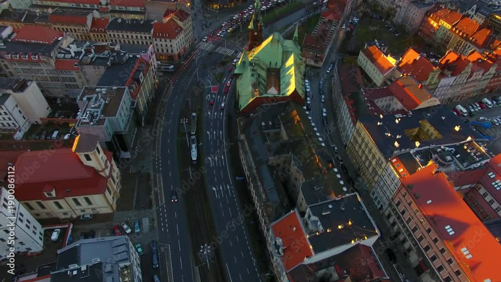 Aerial: Flight over the street of Wroclaw at evening time Aerial: Flight over the street of Wroclaw at evening time