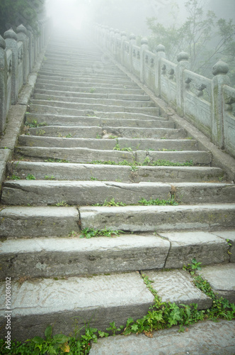 A stone stairs in the fog going into light photo