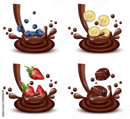 Chocolate splash set with different fruits mix Vector realistic