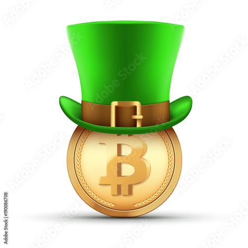 St Patrick hat with bitcoin gold coin. Design Element for Saint Patricks day. Symbol of Irish holiday. Vector illustration isolated on white background. photo