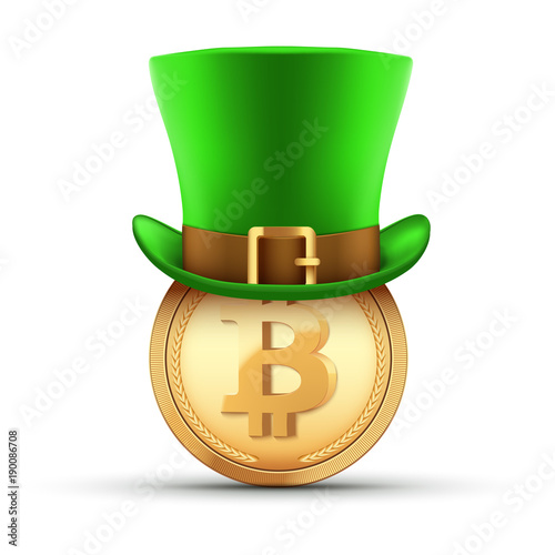 St Patrick hat with bitcoin gold coin. Design Element for Saint Patricks day. Symbol of Irish holiday. Vector illustration isolated on white background.