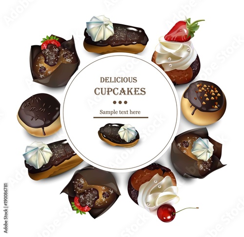 Delicious cakes round card Vector realistic illustrations