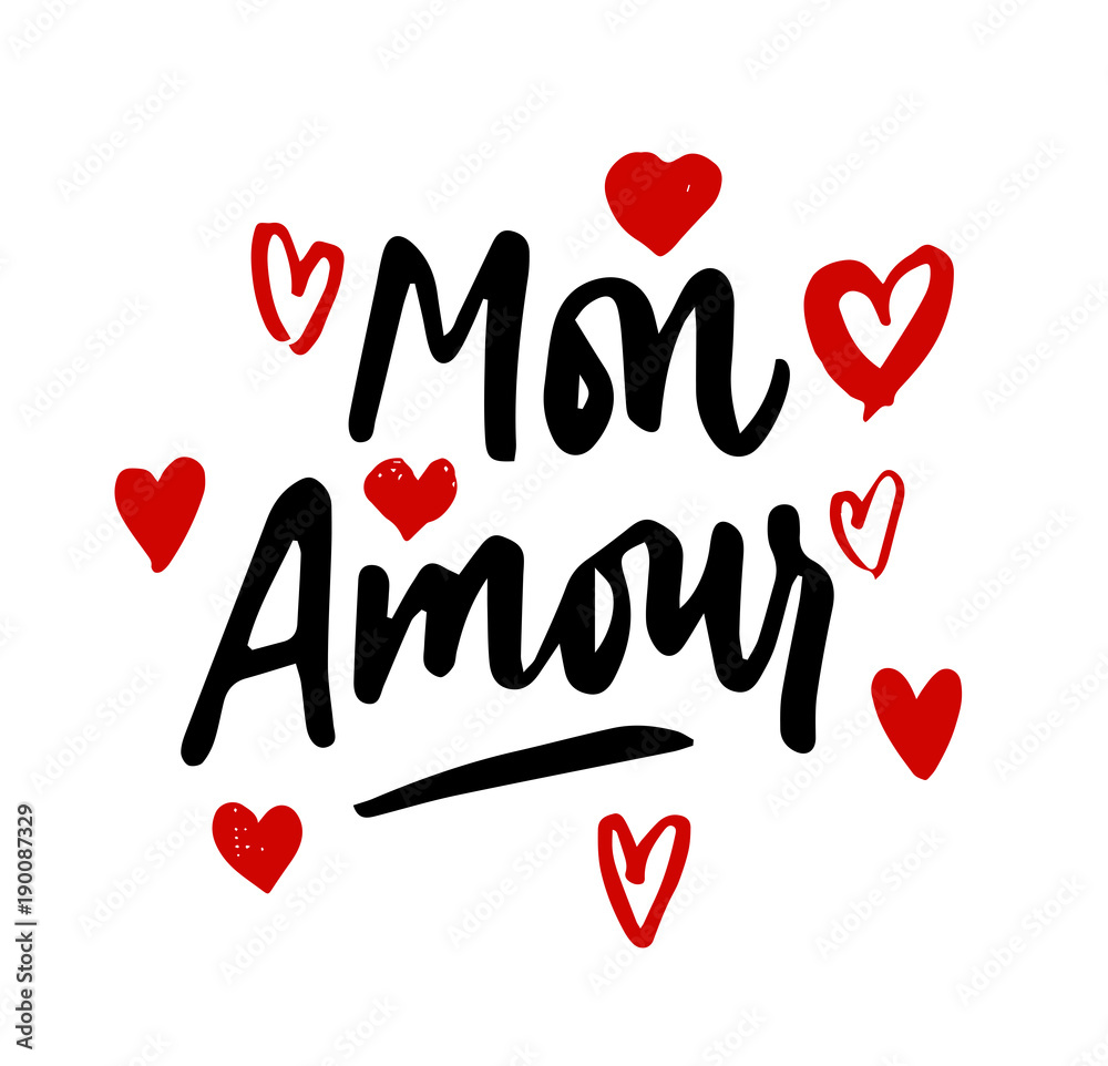 Mon Amour lettering, hearts illustration. My Love in French hand drawn calligraphy quote. Valentine's day. Red on white