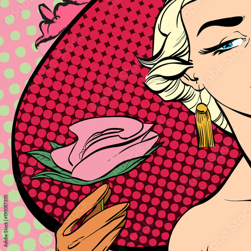 Pretty retro posing model with big hat. Women with roses.