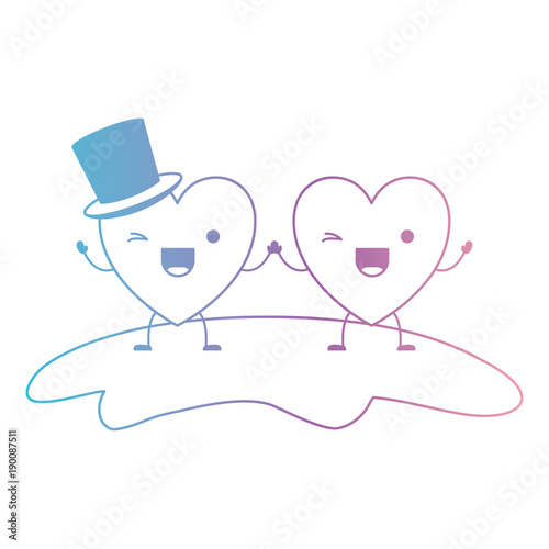couple heart character kawaii holding hands and him with top hat in wink expression in degraded blue to purple color contour vector illustration