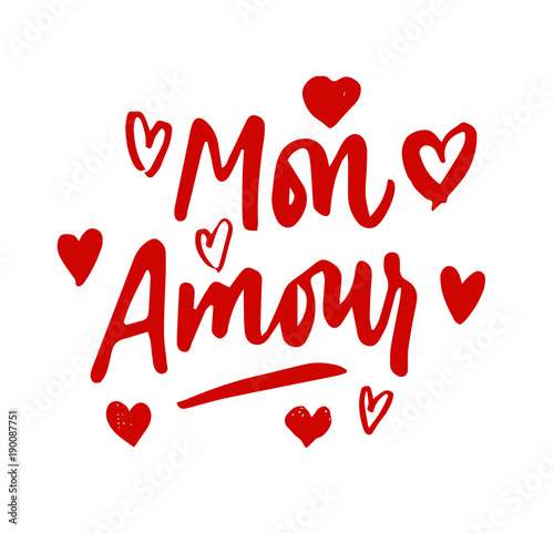 Mon Amour lettering, hearts illustration. My Love in French hand drawn calligraphy quote. Valentine's day. Red on white
